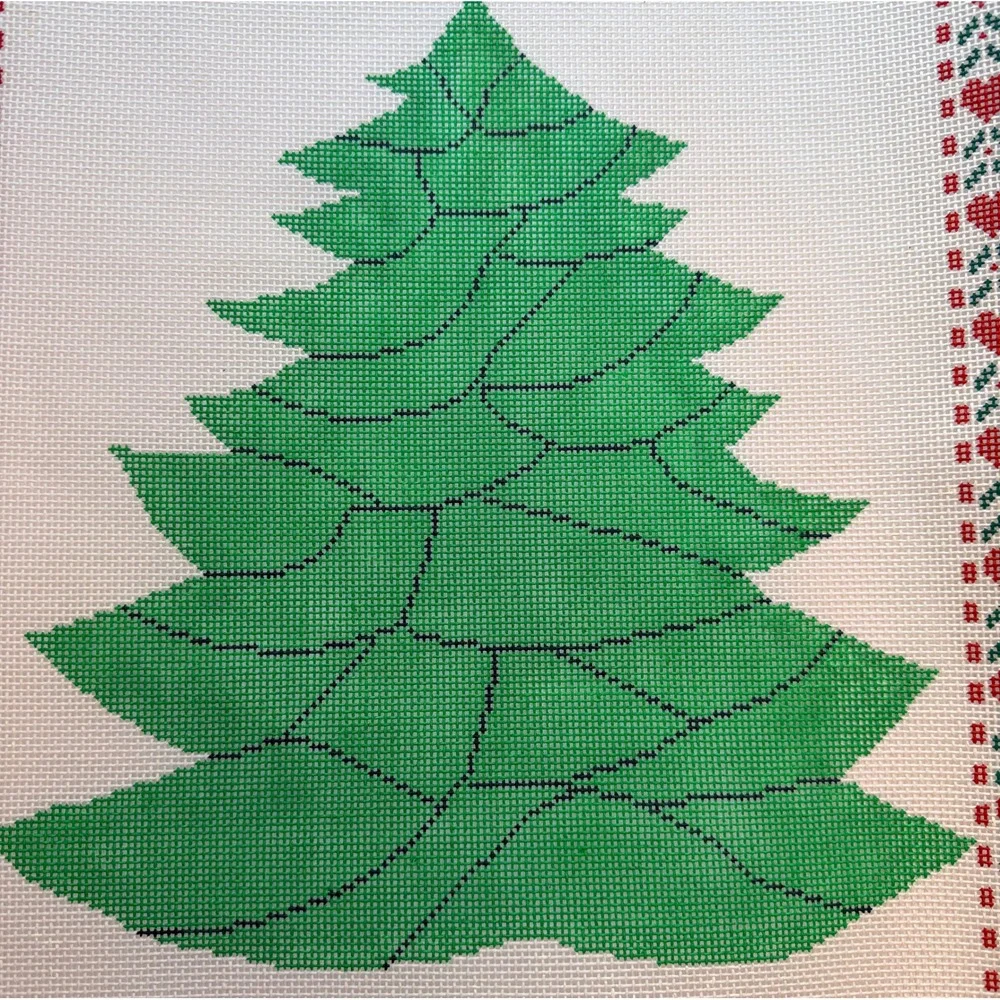 Vintage Needlepoint Canvas Christmas Tree Heart Border Cotton White 18x14 1980s
